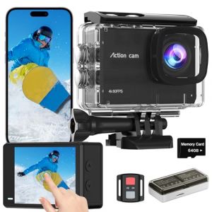 TIMNUT Cam&eacute;ra Sport &agrave; &Eacute;cran Tactile 4K60FPS, Cam&eacute;ra sous-Marine 40M avec Carte SD 64G, Cam&eacute;ra d'action HD WiFi 48MP avec EIS, Zoom 8X, Cam&eacute;raSportive avec 2 Batteries 1350 mAh, t&eacute;l&eacute;commande 2,4G (ningyandz, neuf)