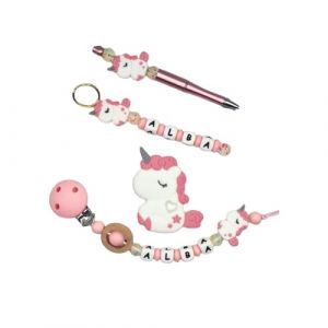 LANCK Attache Sucette Nom Personnalis&eacute; Prenom Silicone Licorne Attache T&eacute;tine (LANCK, neuf)