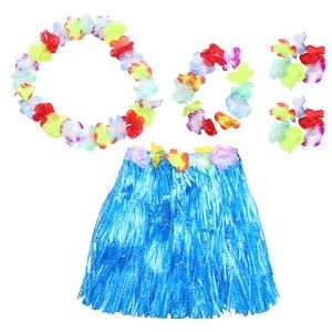 NOLITOY Costume Hawaïen Pour Jupe Bleue Couronne Bracelets Et Guirlande Pour Fête Luau Déguisement Tropical (M.Meteorite, neuf)