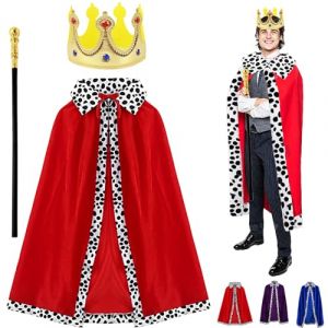 YOUYIKE 3 Costumes de Roi pour Adulte, Manteau Royal Rouge, Couronne Roi Reine, Sceptre, D&eacute;guisement Prince, Costume M&eacute;di&eacute;val Adulte, Pour cosplay, Soir&eacute;e &agrave; th&egrave;me, Halloween, pour femmes et hommes (Unique'store, neuf)