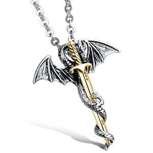 Collier Homme Dragon Chauve-Souris Epée,Punk Rock Pendentif en Acier Inoxydable avec Chaîne,Rétro Bijoux Fantaisie pour Homme,Argent Doré (hanxinyedeouzhoudianpu, neuf)