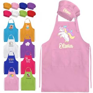 Gridachi Tablier personnalis&eacute; pour enfants avec nom, ensemble de toque de chef et tablier pour filles, gar&ccedil;ons, enfant pour la cuisine, la p&acirc;tisserie, la peinture en cuisine (YuanHan Store, neuf)