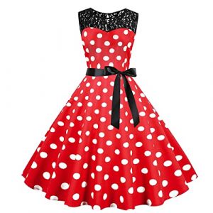 Robe Année 60 Femme Sexy Col V sans Manches Vintage Robes Année 50s Pin-Up Rockabilly Chic Et Elegante Robe À Pois Swing Retro Robe Trapèze Robe De Soirée Cocktail Mi Longue (Blingko, neuf)