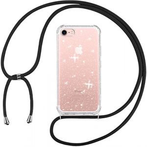 Tikgue Coque pour iPhone SE 2022 / iPhone 2020，iPhone 8 / iPhone 7 avec Cordon, Collier Coque Glitter Transparent Paillettes Etui TPU Bumper Silicone Case avec Cha&icirc;ne Lani&egrave;re Housse - Le Noir (Tikgue, neuf)