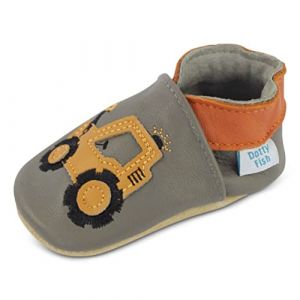 Dotty Fish Chaussures B&eacute;b&eacute; et Enfant en Cuir Souple &ndash; Antid&eacute;rapantes, L&eacute;g&egrave;res et Respirantes, Semelle Souple pour Premiers Pas, Unisexe &ndash; Gris avec Jaune excavateur 12-18 Mois (Dotty Fish, neuf)