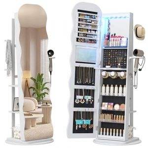 LVSOMT Armoire à bijoux LED avec Miroir Ondulé, Rotative à 360° Armoire à bijoux Verrouillable, Armoire Miroir Debout pour Salon et Chambre à coucher, étagère à 3 niveaux et 3 crochets, Blanc (lvsomt, neuf)