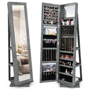 COSTWAY Armoire &agrave; Bijoux Pivotante &agrave; 360 Degr&eacute;s, Organisateur de Bijoux sur Pieds, avec Grand Miroir Psych&eacute; et Etag&egrave;re de Rangement &agrave; L'Arri&egrave;re (Gris Fonc&eacute;) (FDS GmbH, neuf)