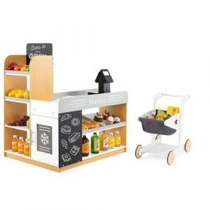 HOMASIS Ensemble de Jeu de Supermarché en Bois pour Enfants, Épicerie de Jeu Supermarché avec Caisse, Chariot, Tableaux, Stand de Marché Éducatif, Jouet Créatif Montessori pour Les Enfant 3+ Ans (Homasis, neuf)