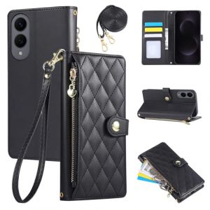 Rosbtib Étui pour Samsung Galaxy S25 Edge 5G 2025 6.66 Pouces, Coque pour téléphone Portable en Cuir PU avec Broderie en Losange, Galaxy S25 Edge Étui à Rabat avec dragonne et bandoulière, Noir (Tengkai Technology, neuf)