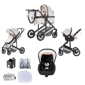Lnhcrbs Poussette 3 en 1, Beige - Ensemble Pram Et Si&egrave;ge Auto, Poussette Bebe Confort Avec Poign&eacute;e R&eacute;glable, Panier de Couchage Et Si&egrave;ge Auto Avec Couvre-Pieds, 0-4 Ans (Lnhcrbs, neuf)