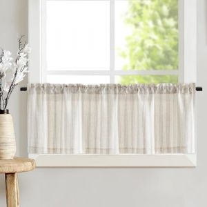 TOPICK Rideaux Cuisine Court Brise Bise Moderne Chambre a Rayure Gris sur Beige 125Lx45H cm, Rideau Brise-Bise Semi-Transparents en Effet Lin L&eacute;gers et D&eacute;coratifs pour Evier Salon Fenetre Lot de 1 (Audrey Home Fashion, neuf)