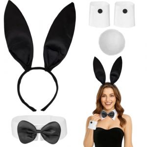MUNSKT Costume de Lapin Set,Bandeau d'Oreille de Lapin N&oelig;ud Papillon Gants Manchettes Queue,Ensemble D&eacute;guisement de Lapin Halloween No&euml;l P&acirc;ques No&euml;l Cosplay Fetes (Black) (MUNSKT*, neuf)