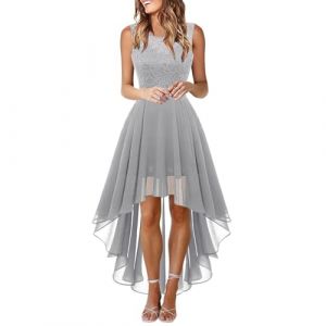 Robe de Cocktail Femme Longue Robes Soir&eacute;e en Dentelle Mousseline de Soie Robes Chic El&eacute;gant sans Manches Sexy Robe Asym&eacute;trique (01 Gris, XXL) (Muessnew, neuf)