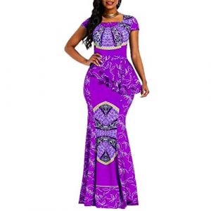 VERWIN Robe Africaine Cap Manches Col Carre Longueur Sol Geometrique Sirene Maxi Robe Robe Longue (Grande, Violet) (VERTTEE, neuf)