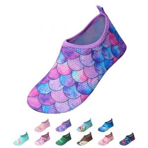 EDOTON Enfants Garçons Chaussures Fille Chaussures Aquatiques de Plage Chaussures d'eau Séchage Rapide Antidérapant Pieds Nus pour Piscine Surf Sport Yoga (EU 26-27,Échelle de Poisson Violette) (EDOTON, neuf)