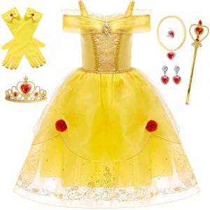LCXYYY D&eacute;guisement Belle Fille Cosplay Belle Long Ruffle Tulle Robe de Princesse avec Accessoires pour No&euml;l Carnaval Halloween F&ecirc;te Anniversaire Robe de Soir&eacute;e, Jaune, 3-12 ans, 150 (LCXYYY, neuf)