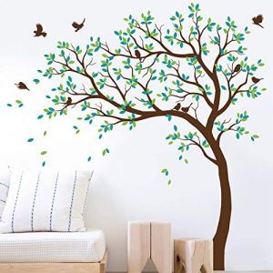 Grand arbre mural sticker autocollant pour chambre d'enfant avec oiseaux et arbre KW032 (Branches à gauche, Marron, Vert Citron, Turquoise) (Studio Quee, neuf)