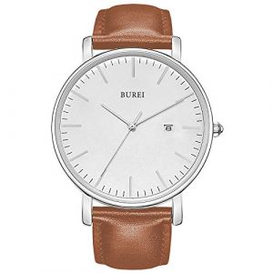 BUREI Montre Quartz Ultra-Fine pour Homme Mouvement Quartz Japonais mécanique pour Homme Le pour Les Gentlemen (Marron Blanc, Bracelet de Montre en Cuir) (EU Watches, neuf)