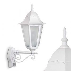 Applique murale d'ext&eacute;rieur Hongkong Frost en aluminium blanc et verres d&eacute;polis, avec d&eacute;tecteur de mouvements, E27, lampe retro vintage id&eacute;ale pour une entr&eacute;e, IP44, ampoule(s) non incluse(s) (hofstein, neuf)