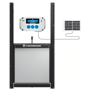 Porte Automatique Poulailler ChickenGuard Pro, Alimenté par Solaire/Piles/Électrique, Moteur Souleve 2kg, Minuterie/Détection de Lumière, Auto Trappe Moteur pour Chicken Run (Pro+Porte+Kit Solaire) (Doodlehouses SL, neuf)
