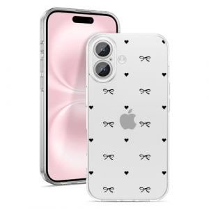 ZTOFERA Coque pour iPhone 16 Plus, Mignon Motif C&oelig;ur d'amour et N&oelig;ud Papillon Design Coque Esth&eacute;tique &Eacute;tui Transparente Souple TPU Housse de Antichoc Protection pour Filles Femmes, Noeud Noir (utopmore, neuf)