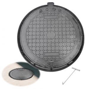 Couvercle de Regard Rond en Fonte Ductile, Plaque D'égout Antidérapant Robuste avec Cadre, Couvercle Fosse Septique pour Le Drainage, Les Fosses Septiques et L'accès(70x70x3.5cm/28x28x1.4in) (JINGSHIQIAOPL, neuf)