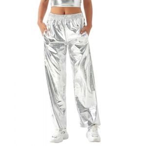 NewL Pantalon Hip Hop Brillant pour Femme - Effet mouillé métallique - Jambe Large - Style rétro Disco - Hippie Club - Jambe Droite - Streetwear, Argenté., M (NewL, neuf)
