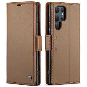 QLTYPRI Coque pour Samsung Galaxy S22 Ultra Etui avec [RFID Blocage], Housse en Premium Cuir Pochette Portefeuille Rabat Clapet Case Porte Carte Magnétique Étui pour Samsung S22 Ultra - Marron (zhihen, neuf)