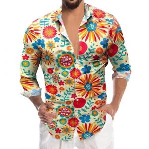RUMAOZIA Chemise color&eacute;e &agrave; manches longues pour homme - Style hippies des ann&eacute;es 70 - Arc-en-ciel - R&eacute;tro - Fleurs hawa&iuml;ennes - Chemise de loisirs funky hawa&iuml;enne - Chemise de f&ecirc;te - Chemise de rue (runBel, neuf)