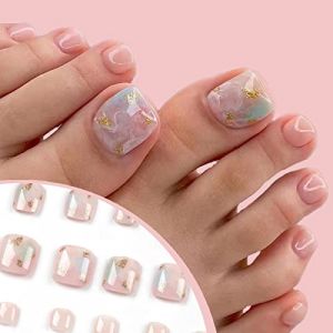 YUBX Square Toe Press On Nails Clear Nude Tonails Gold Foil Fake Nails 24 Pcs Acrylique Translucide Short Faux Nails Jerry Glue pour Femmes Filles (MGLT Prime, neuf)