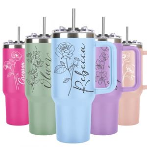 SECOGM 40oz Gobelet Personnalisé avec Poignée Texte Nom 1135ml Mug Isotherme Personnalisable Avec Prénom Cadeaux pour Femme Maman Papa et Amis Anniversaire (Birth Flower) (CSLAIXI, neuf)