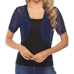 ORANDESIGNE Boléro en Tulle Femme Court Cardigan Gilet Court Elégant Mariage Manche Courte Boléro Haussement Veste Ouverte Chic pour Robe Bretelle Mariage A Bleu Foncé M (ORANNER EU, neuf)