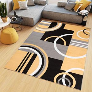 TAPISO Maya Tapis Poil Court Moderne Jaune Gris Noir Blanc Géométrique Motif Lignes Cercles Tapis Salon Chambre Salle à Manger Adulte Bureau Oeko-TEX Résistant 200 x 300 cm (TAPISO-FR, neuf)