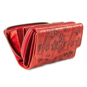 MATADOR Portefeuille Femme Cuir V&eacute;ritable Grand Format | Porte Feuille Femme avec Grande Porte Monnaie Zipp&eacute; et Bo&icirc;te Cadeau | Porte Chequier Femme avec Protection RFID certifi&eacute;e T&Uuml;V | Fleurs Rouge (MATADOR LEDER "The German Brand", neuf)