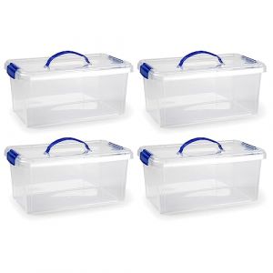 Tradineur Lot de 4 boîtes de rangement transparentes avec poignée bleue en plastique pour jouets, livres, vêtements, couvertures, 17,5 x 38,5 x 23 cm, 10 litres (TRADINEUR, neuf)