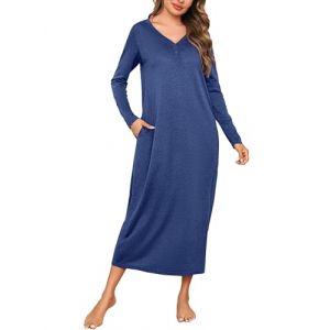 Leversic Chemise de Nuit Longue Femme Chemise de Nuit Femme Coton Manches Longues Robe de Nuit Femme Peignoir de Bain Bleu Fonc&eacute; 3XL (CHONGREN-EU, neuf)