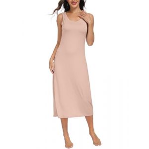 Lovasy Fond de Robe Longue Lingerie Femme en Modal sous Robe &Eacute;l&eacute;gant Col Rond avec Bretelles Larges Sexy Slip Chemise de Nuit Antistatique Gainant,A-Kaki,S (Lovasy Direct, neuf)