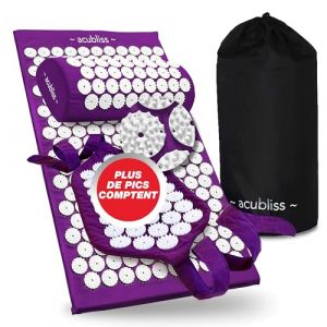 Acubliss Acupression Tapis et Oreiller Ensemble et Sangle, Massage Tapis pour Cou et Dos Soulagement Douleur, Acupuncture Tapis et Oreiller pour Augment&eacute; &Eacute;nergie, 3 Pi&egrave;ces, Transport Sac, Violet (Bed of Nails, neuf)