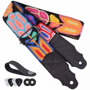 YIKOKO Sangle de guitare 5,1 cm en tricot de laine douce, extr&eacute;mit&eacute; en cuir de vachette, pour guitares acoustiques et basses, &eacute;lectriques, bouton gratuit, 2 verrous de sangle et 4 m&eacute;diators (zs-Kiwi, neuf)