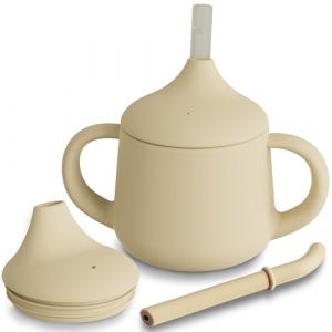 Moonkie Tasse Apprentissage Bebe 3 Etapes, Verre Bebe Apprentissage Anti Fuite, Gobelet Paille Bebe Silicone, Tasse Bébé avec Poignées et Paille, Adapté au Lave Vaisselle 4 oz(Café Clair) (moonkie store, neuf)