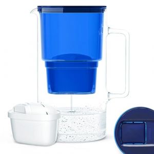 Wessper Carafe filtrante en verre 3 l compatible avec les cartouches filtrantes Brita - Avec 1 cartouche filtrante à eau - Réduit le calcaire et le chlore - Bleu marine (agdmaster, neuf)