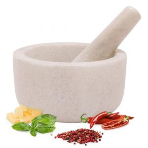 H&S Mortier Pilon Cuisine - Accessoire Cuisine en Marbre de 18 cm de Diamètre pour Broyage des Épices Guacamole Pesto Noix Mojito - Mortier et Pilon Concasseur a Grain Blanc (Tinyyo Europe, neuf)