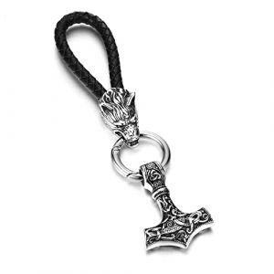 PiercingJak Porte-clés Voiture Viking Mjolnir Loup Marteau de Thor Pendentif Acier Inoxydable Cuir Tressée avec Anneau Cadeau Anniversaire Noël Homme Femme-Argent (KKCAT, neuf)