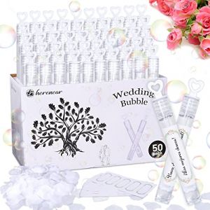 Herenear Bulles de Savon Mariage, 50 Pièces Bulle Mariage Flacons avec Poignée, Flacons à Bulles de Savon, Flacons de Bulles de Mariage avec Étiquette pour Mariage Décoration de Table (Nashier, neuf)