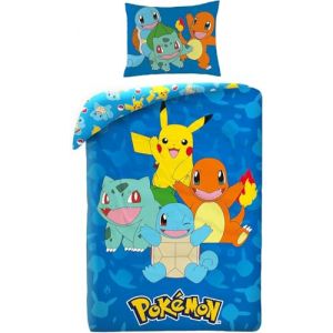 Parure de lit Pokémon 135 x 200 cm + 80 x 80 cm - Pokémon Pikachu, Glumanda, Schiggy & Bisasam - Parure de lit pour enfant - 2 pièces - Housse de couette + taie d'oreiller - Taille allemande - (LesAccessoires, neuf)