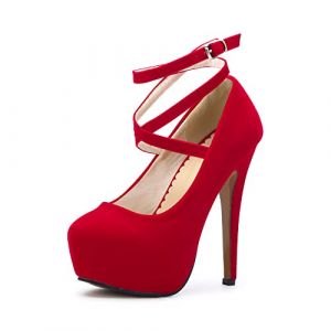 Femme Escarpins Talon Aiguille Hauteur 14cm Plateforme Epais 4cm Chaussure &agrave; Talon Stable Confortable Escarpins Mariage Soir&eacute;e Club Velvet Rouge Taille Asiatique 42-EU 41 (KunshenGUK, neuf)