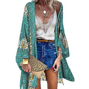 CheChury Femmes Kimono Plage Eté Bikini Cover Up Imprimé Kimono Veste Cardigan Bohème Pareo Tops Floral Cover Up Lâche Demi-Manches Kimono en Mousseline Blouse Élégant Robe de Plage Châle Beachwear (Sofenny, neuf)
