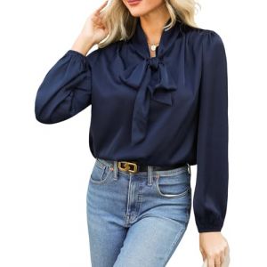 CUPSHE Chemisier femme col montant avec n&oelig;ud manches longues &eacute;l&eacute;gant satin blouse &agrave; lavalli&egrave;re hauts chemisiers de bureau chemise-blouse tops, bleu marine, S (CUPSHE FR, neuf)