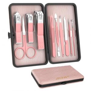 ZIZZON Kit de Manucure Mini de Voyage - Ensemble Coupe-Ongles 10 en 1 en Acier Inoxydable, Kit de Soin P&eacute;dicure avec &Eacute;tui Rose (ZIZZON-Europe, neuf)