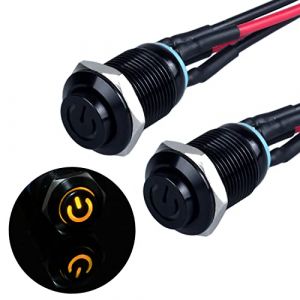 JIQI Lot de 2 boutons poussoirs étanches instantanés 12 V à 24 V 2 A IP66 avec éclairage LED Boîtier en métal noir Bouton poussoir momentané avec fils de connexion pour moto (tête haute, jaune) (LUBAN STORE, neuf)